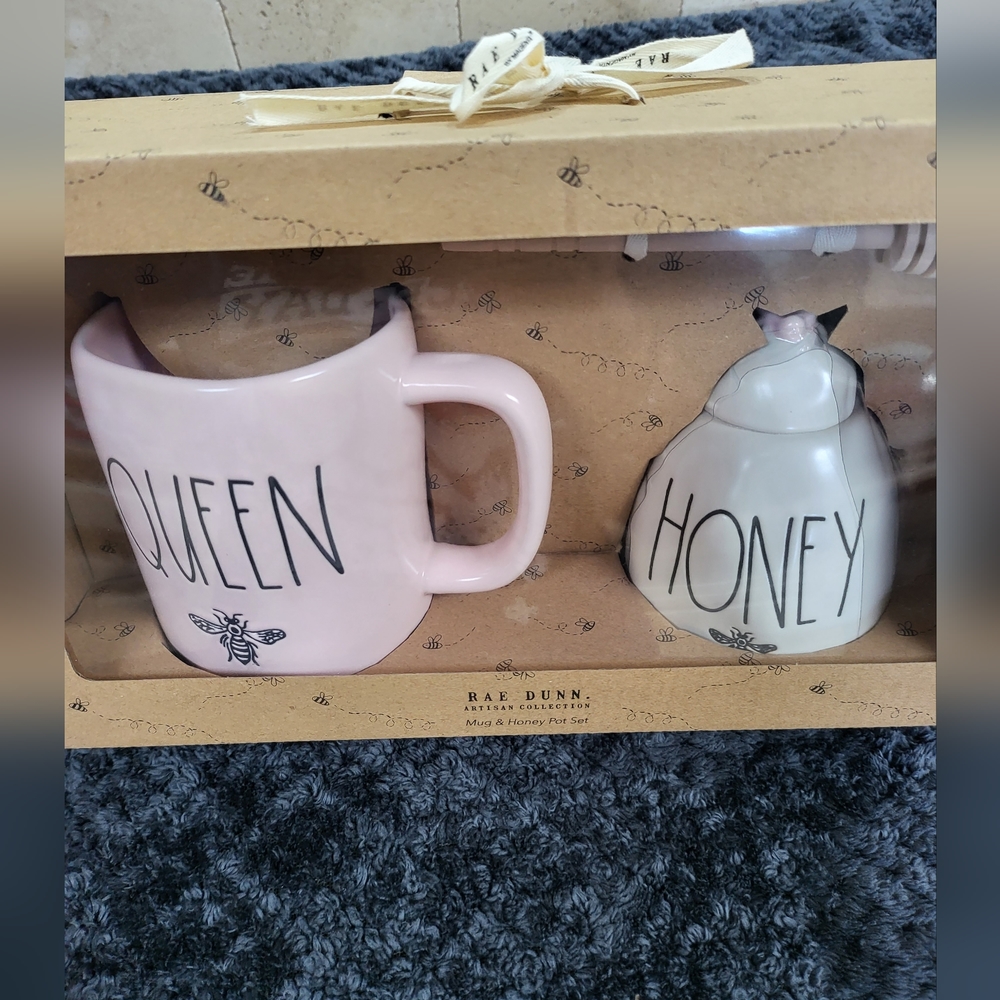 RAE DUNN Pink Queen Bee mug, honey pot, and pink honey stick Set.
